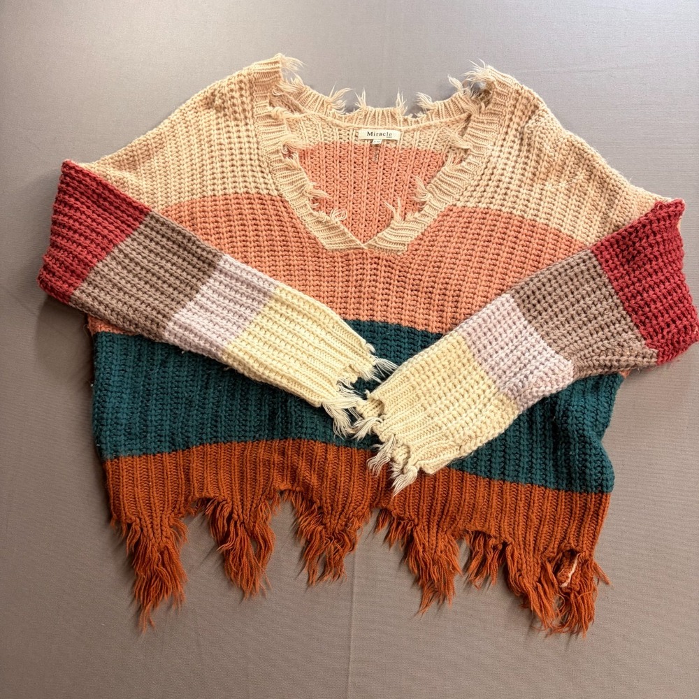 Miracle USA Womens Colorblock Distressed V-Neck Knit Sweater S/M Striped Boho